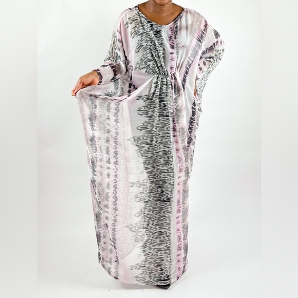 Pink and Gray Multicolor Abstract Animal Print Cinched Waist Sheer Chiffon Dress - Picture 5 of 6